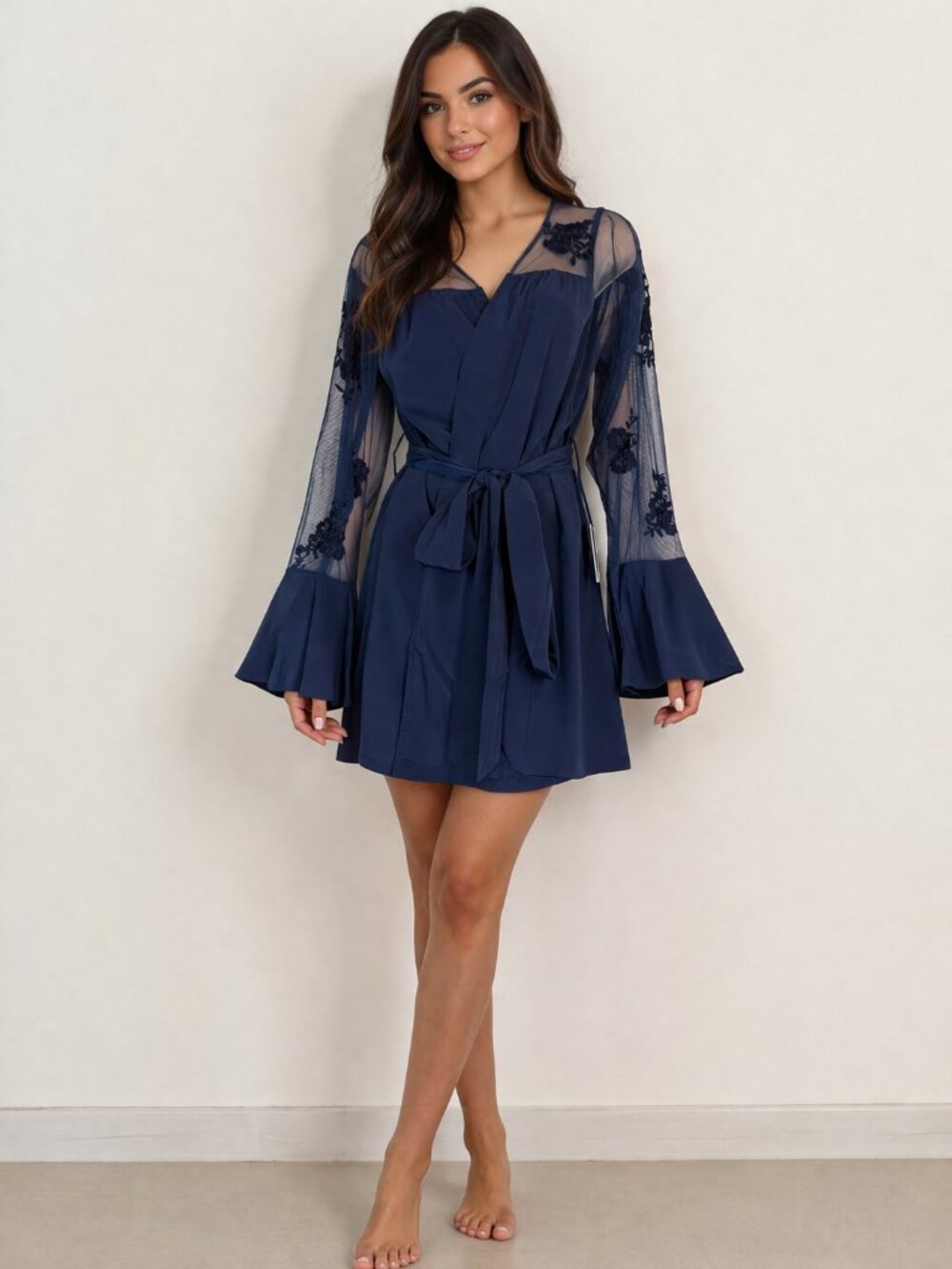 Robed With Love Robe Blue Lace Sheer Sleeve Bridesmaid Wrap Loungewear Medium